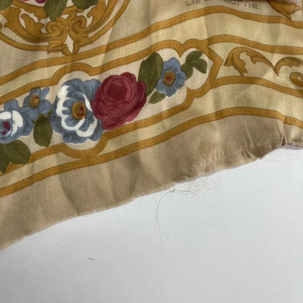 Vintage Liz Claiborne Floral Silk Scarf Women Tan Rose Ribbon Victorian Cottage